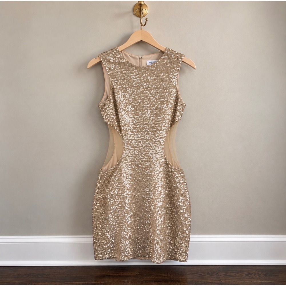 Dress The Population Sequin Mesh Cutout Mini Dress Gold Champagne Medium